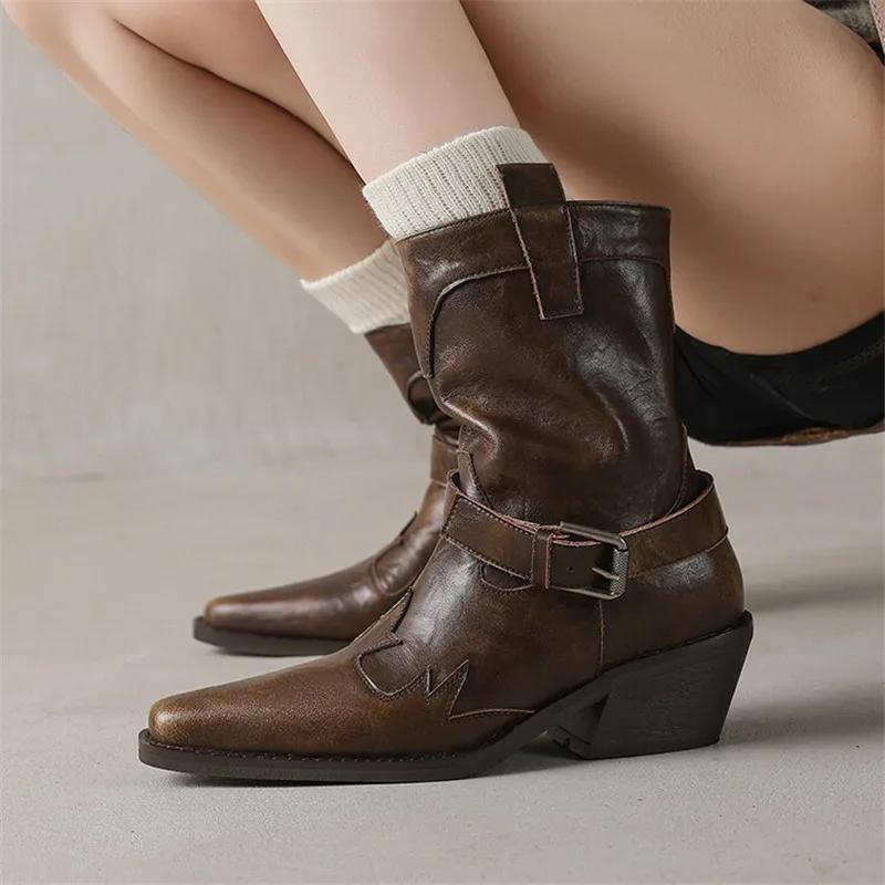 Fashion New Autumn Winter Split Leather Women Boots Fashion High Heels Square Toe Shoes for Women Short Boots Women Mujer Western Boots