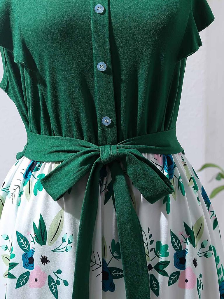 Women's Summer Floral Hi-Low Dress ,Ruffle Sleeve Green Dress with Belt, Casual Boho High Waist Long Dresses