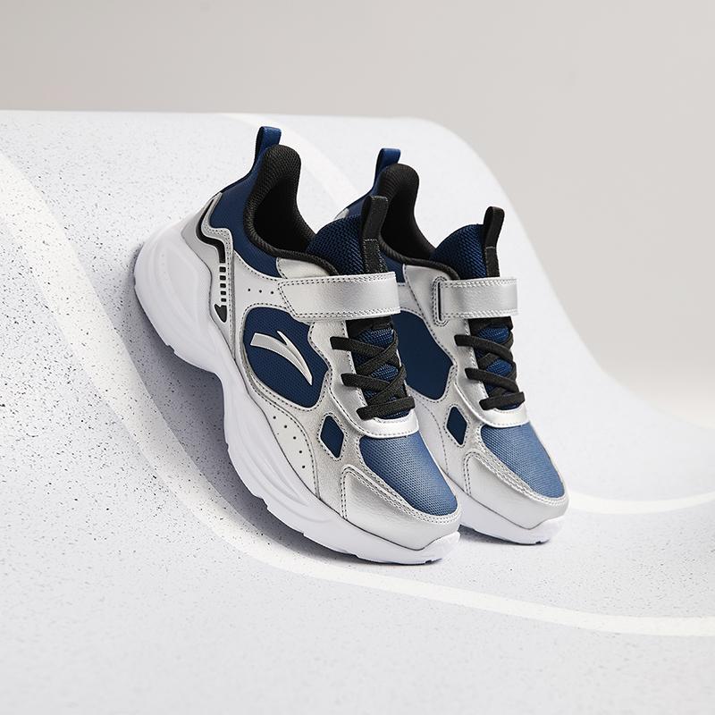 Anta Kids Synthetic Leather Fabric Trendy Versatile Unique Lightweight Shock Absorbing Low Top Running Shoes Kids Sneaker Blue Silver A12445577N-1
