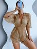 Three-piece bikini waist one-piece swimsuit high waist printed drawstring long-sleeved mesh yarn