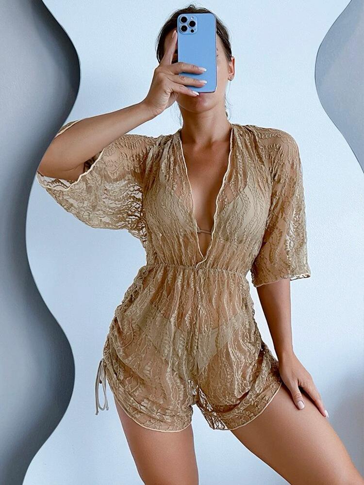 Three-piece bikini waist one-piece swimsuit high waist printed drawstring long-sleeved mesh yarn