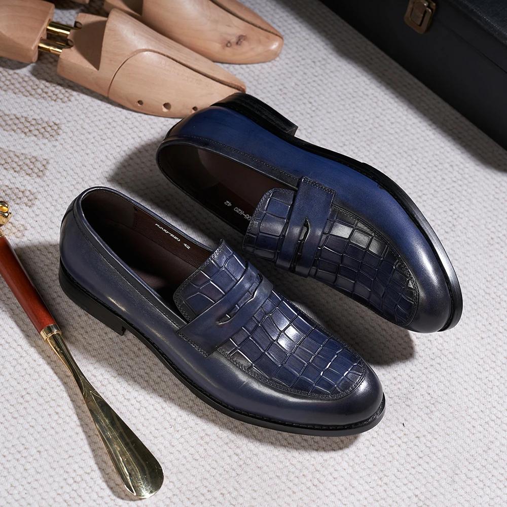 Italian Style Genuine Leather Men's Penny Loafers Crocodile Pattern Flat Casual Shoes Slip-On Office Wedding Dress Shoes