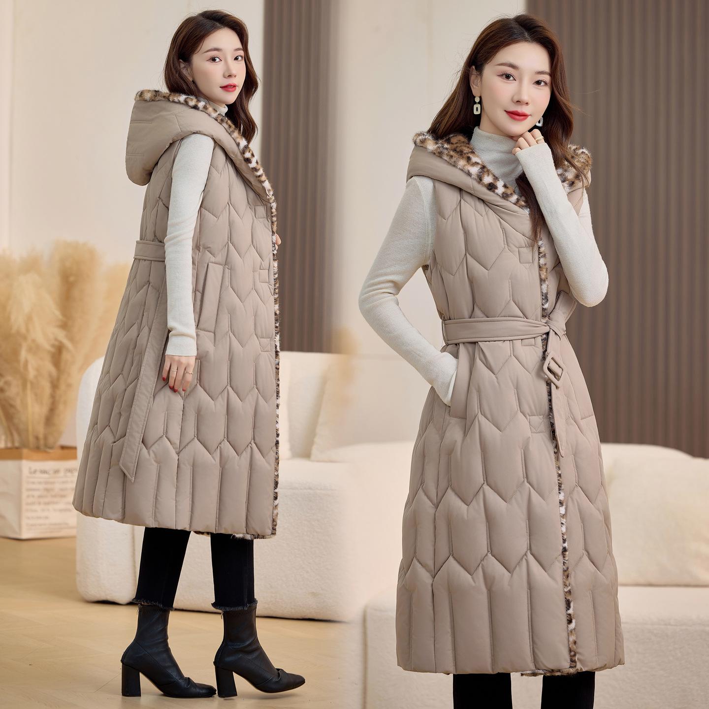 

Новый женский легкий жилет без рукавов с леопардовым капюшоном и меховым воротником, утолщенный, теплый, спортивный, повседневный, свободный, легкий жакет XXL хаки