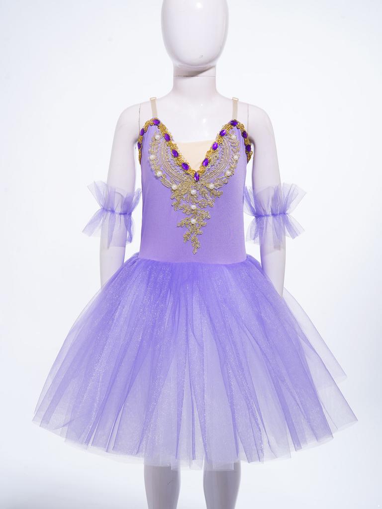 Girls Ballet Dance Dress, Sleeveless Tutu with Spaghetti Straps, Rhinestone & Lace Decor, Mesh Skirt + Headdress & Ruffle Band