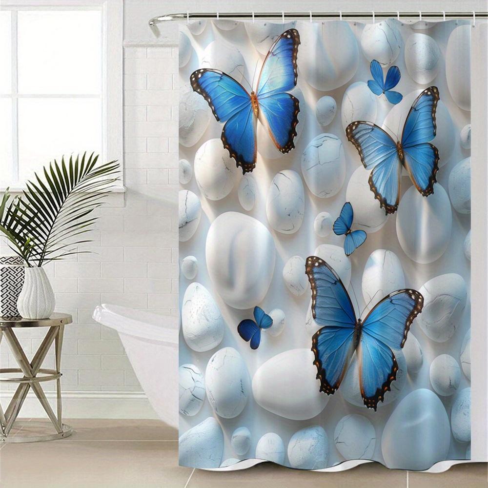 Blue Butterfly Print Polyester Shower Curtain Set With C-Hooks, Machine Washable, Waterproof Woven Bathroom Decor, Fashion Theme
