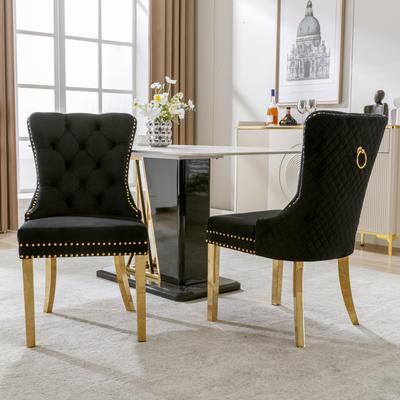 Chaise de salle à manger (avec poignées à anneaux ronds, 2 pièces), Chaise Rembourrée avec Garniture de Clous, Pieds de Support en Acier Inoxydable Doré, Velours, Noir/Or