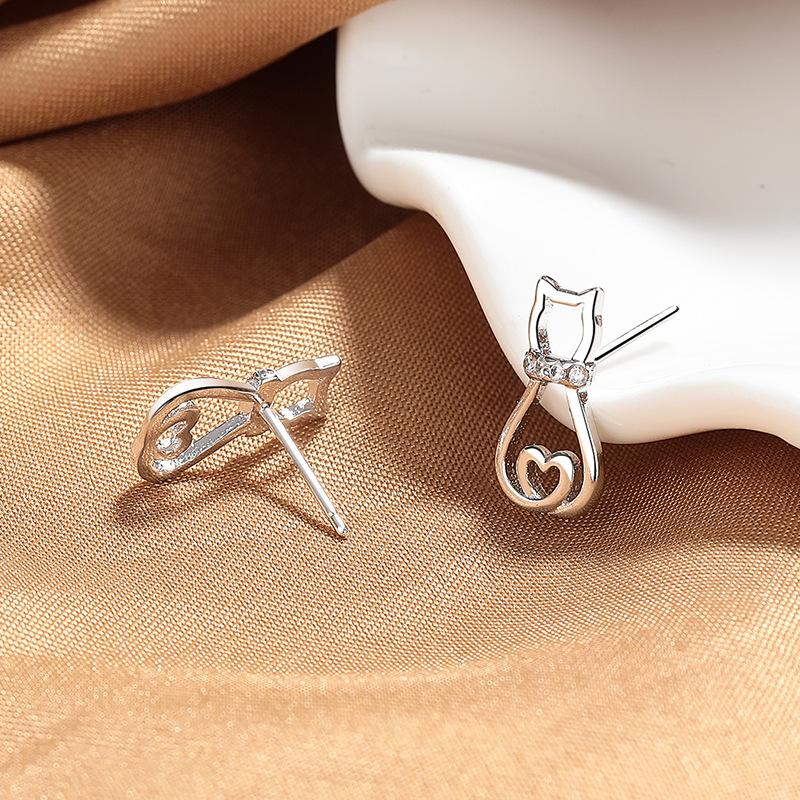 Silver Stud Earrings Female Cute Cat Design Sense Love Hollow Tide Simple Versatile Earrings Earrings