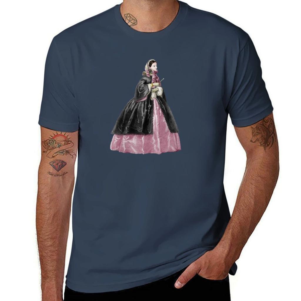 Victorian Lady With Bonnet And Crinoline Dress Tshirt Basic Solid Tee For Daily Use
