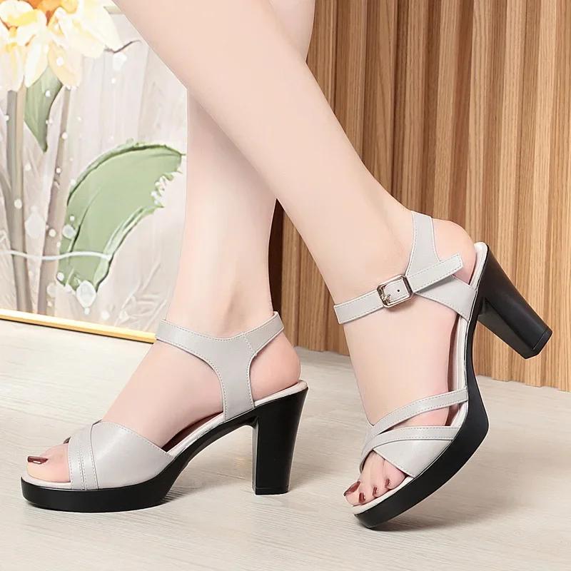 6.5cm 8cm Comfortable Block High Heels Sandals Women Shoes 2025 Summer Soft Leather Platform Sandals for Office Work Mom