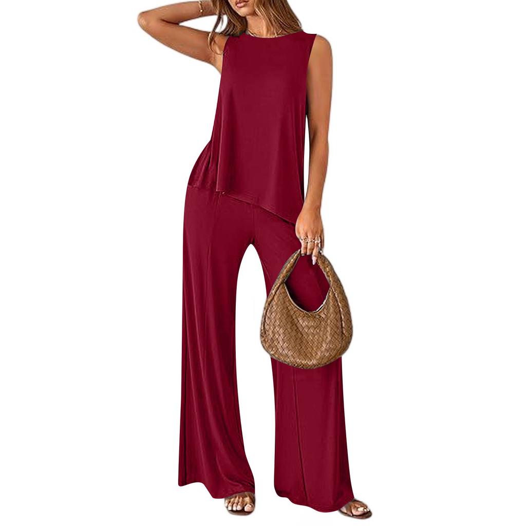 Women's 2-Piece Fashionable Casual Loose Fit Sleeveless Asymmetrical Split Hem Tank Top And Wide Leg Pants Activewear Set