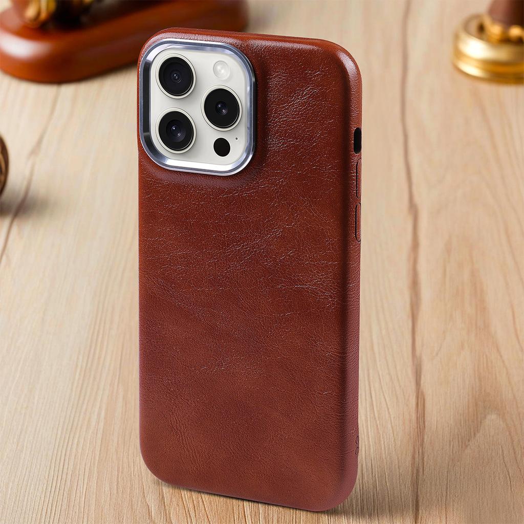Coque Tout Compris en Cuir PU à Cadre Métallique Texturé Rétro Classique de Luxe Pour iPhone 15 Pro Max 16 14 Plus 13 12 11