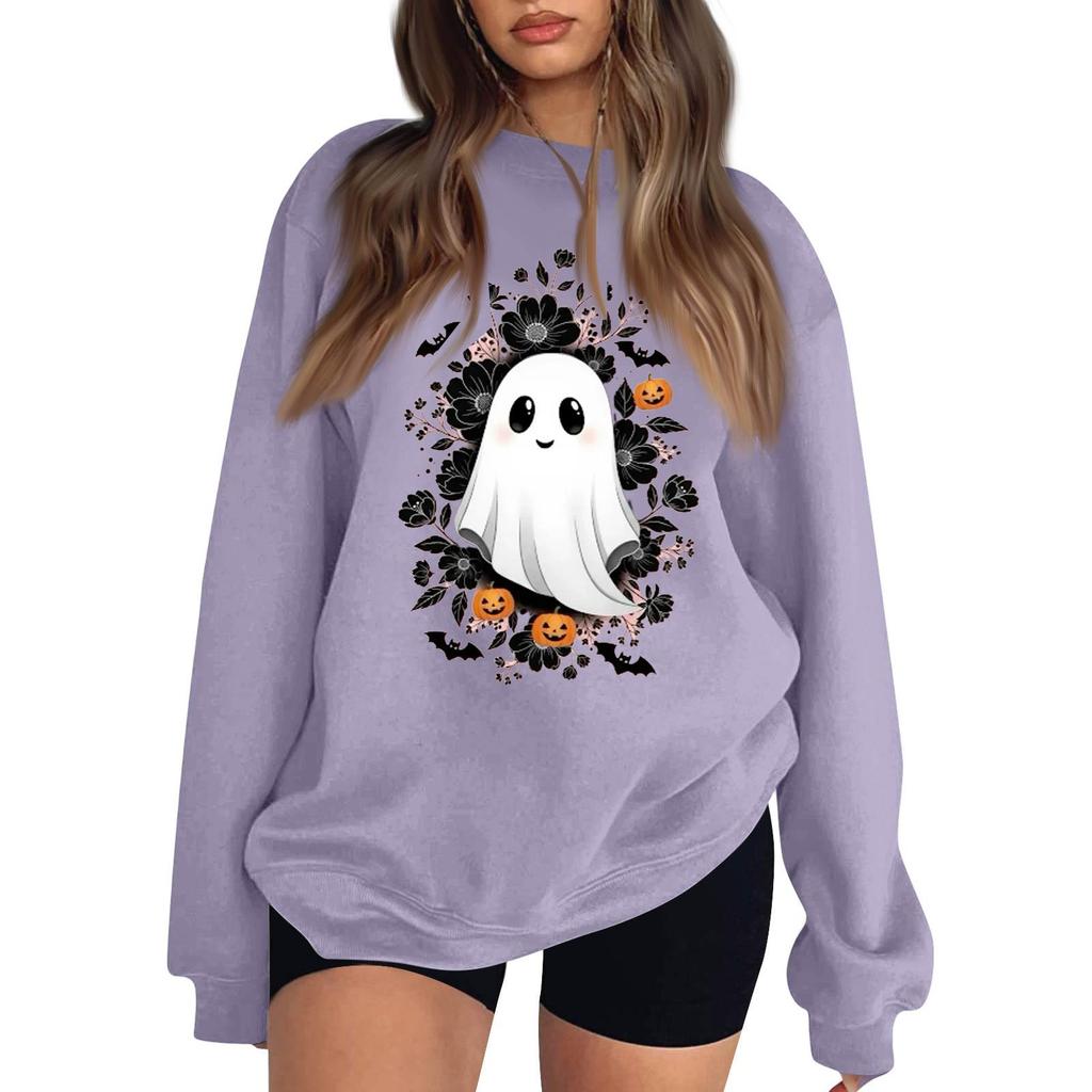 Women's Neck Long Sleeve Casual Loose Fit Sweatshirt Pullover with Color or Small Halloween Print