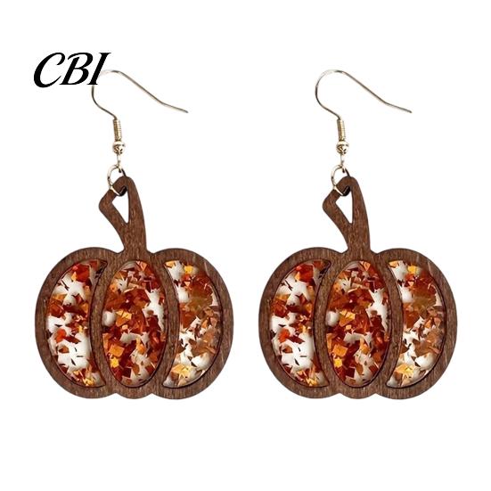 Hypoallergenic Earrings for Sensitive Ears 1 Pair Fall Thanksgiving Pumpkin Women, Wooden Festive Shaped Dangle Drop Earrings, Autumn Halloween