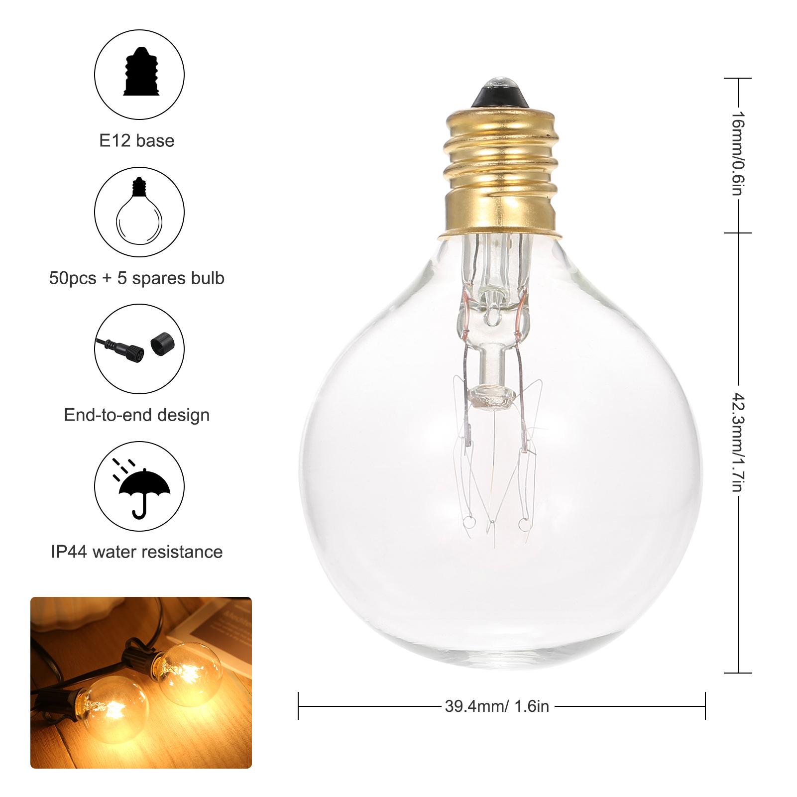

Neoglint 16,14M/53Ft G40 Уличные гирлянды 50+5(Запасной) Вольфрамовые лампы E12 с цоколем