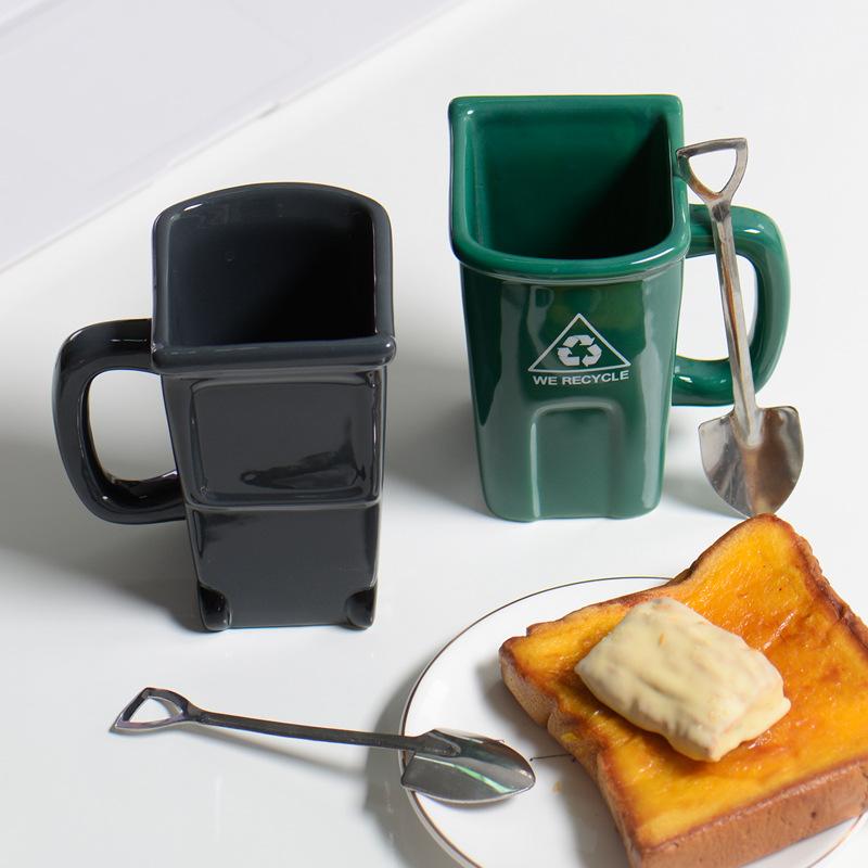 Square Trash Can, Ceramic Mug, Green Recyclable Bucket, Water Cup, Creative Strange Coffee Cup with Shovel