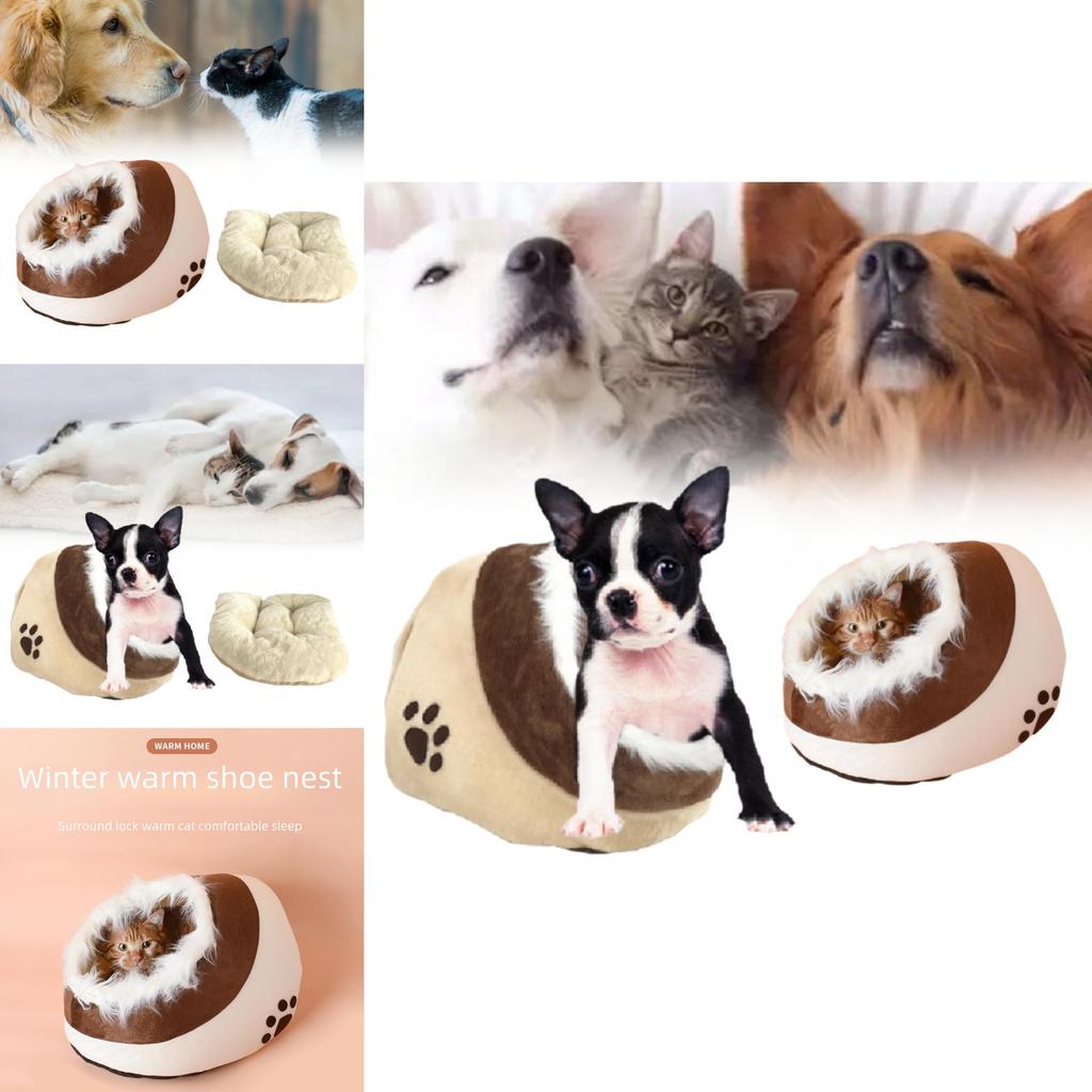 Cozy And Washable Cat Bed With Semi Enclosed Design For All Seasons In Brown And Gray