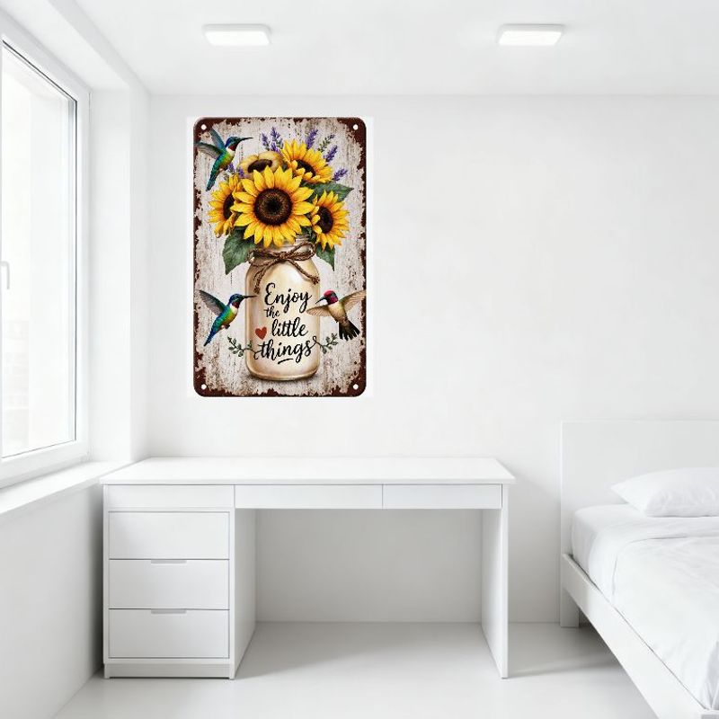 Vintage 'Enjoy the Little Things' Metal Tin Sign with Sunflowers, Lavender, Hummingbirds - Rustic Wall Decor for Bar Pub Home Ca