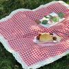 1pc Outdoor Picnic Mat, Summer Thick Waterproof Beach Blanket, Lace Red Checkered Camping Mat, Tablecloth Mat