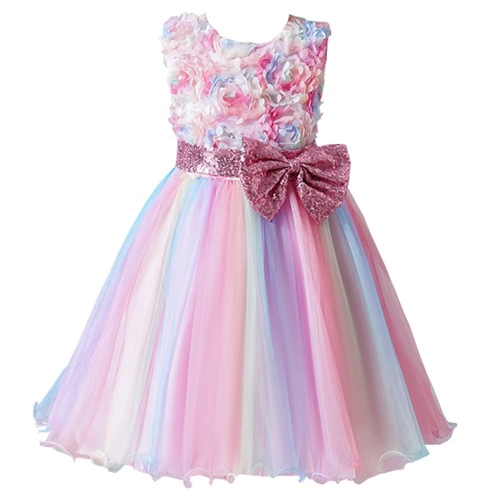 Kayiyasu Rainbow Sequin Bow Floral Round Perfect for Piano Kindergarten Entrance and Ages Rainbow Pink Girls' Dress, Neck, Recitals, Ceremonies,