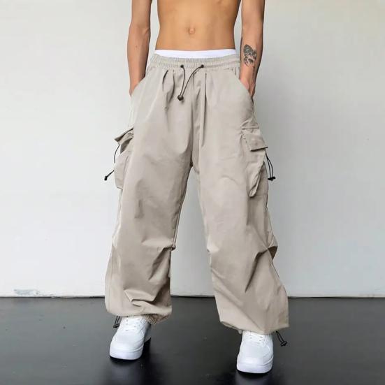 Men Casual Cargo Pants Hip Hop Baggy Trousers with Pockets Low-Rise Elastic Waist Drawstring