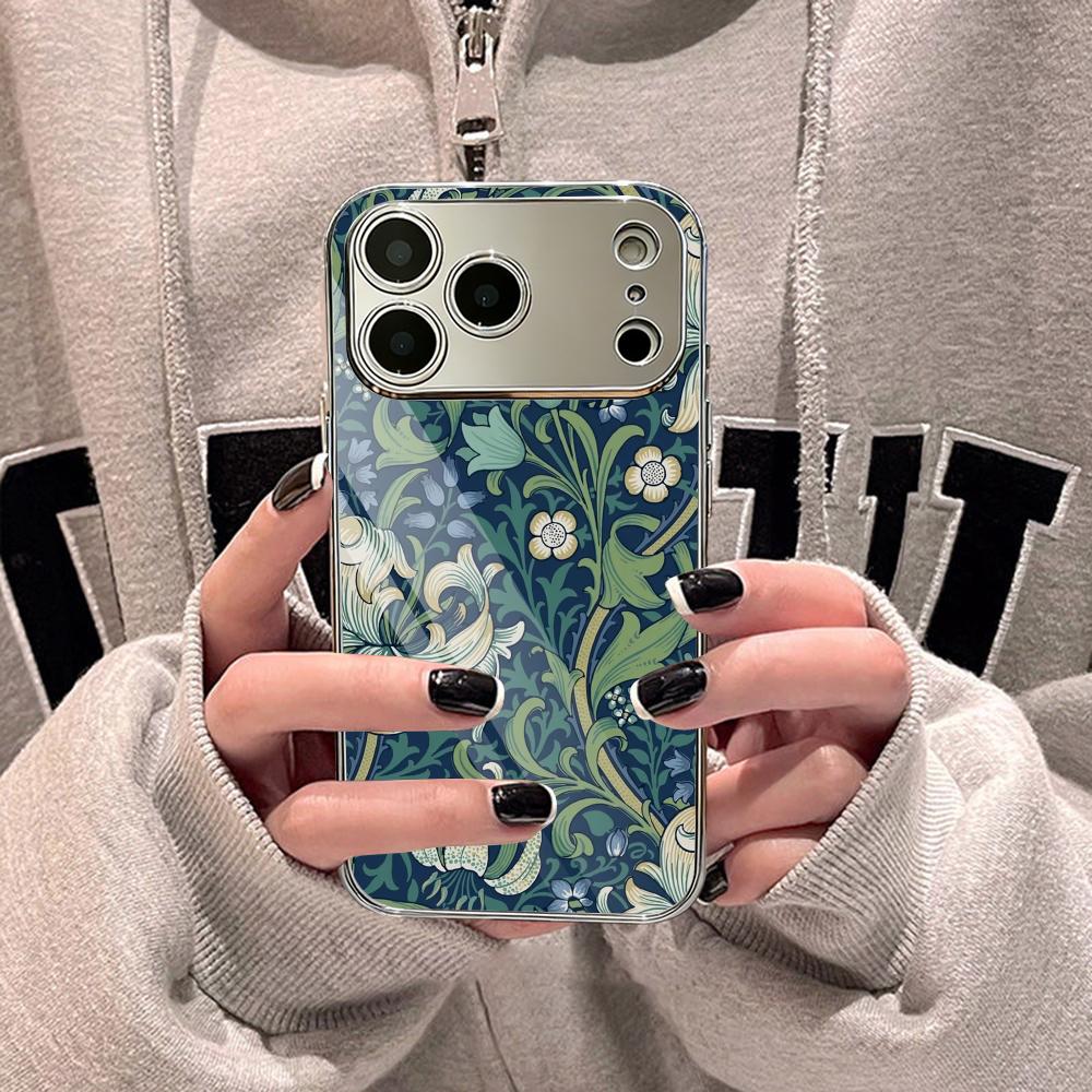 Vintage Flowers Phone Case For iPhone 17 16 15 14 13 12 Pro Max Plus Electroplated Metal Shockproof Bumper Case Glass Back