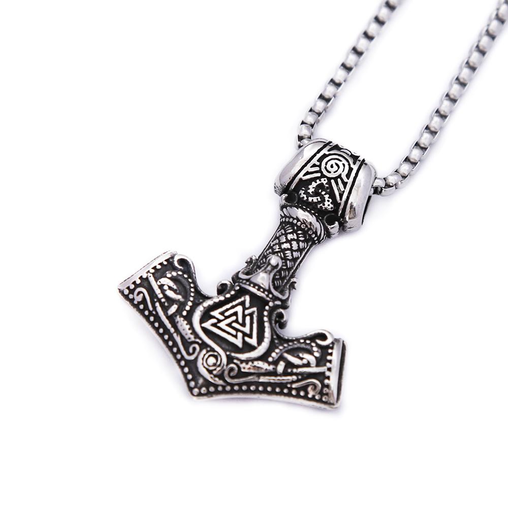 

Fashion Vintage Viking Thor s Hammer Pendant Necklaces Punk Hip Hop Nordic Valknut Necklace Male Amulet Jewelry Gifts Wholesale 60CM
