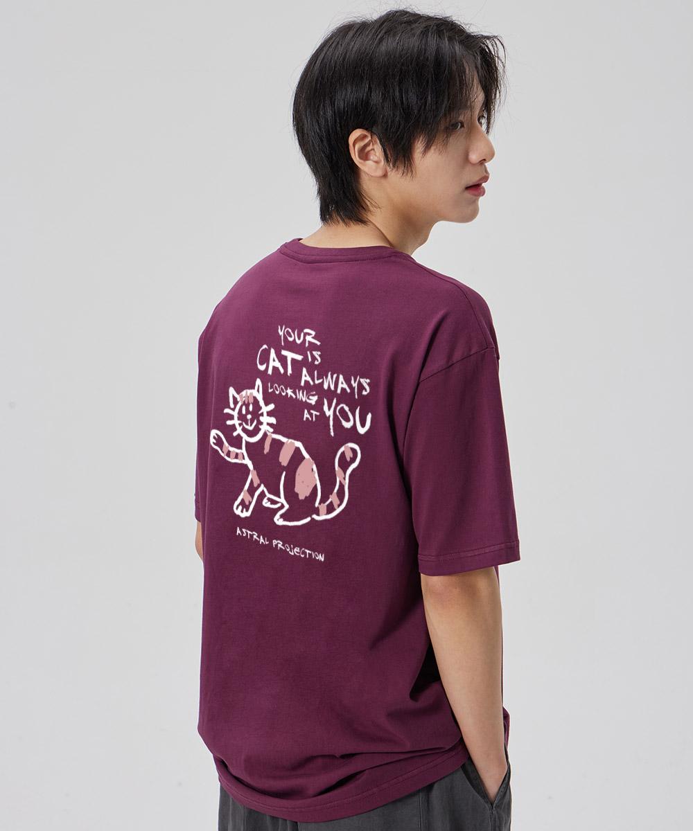 Astral Projection [Doodle Cat] Cotton Loose Fit Short Sleeve T-Shirt_Plum Purple Xxl