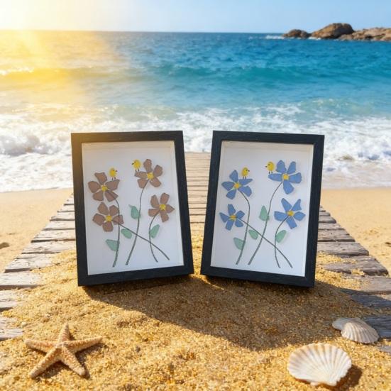 Yousheng Sea Glass Flower Birds Wall Art Handmade Sea Glass Decorative Photo Frame Gift for Mom Grandma Wife Girlfriend Friends