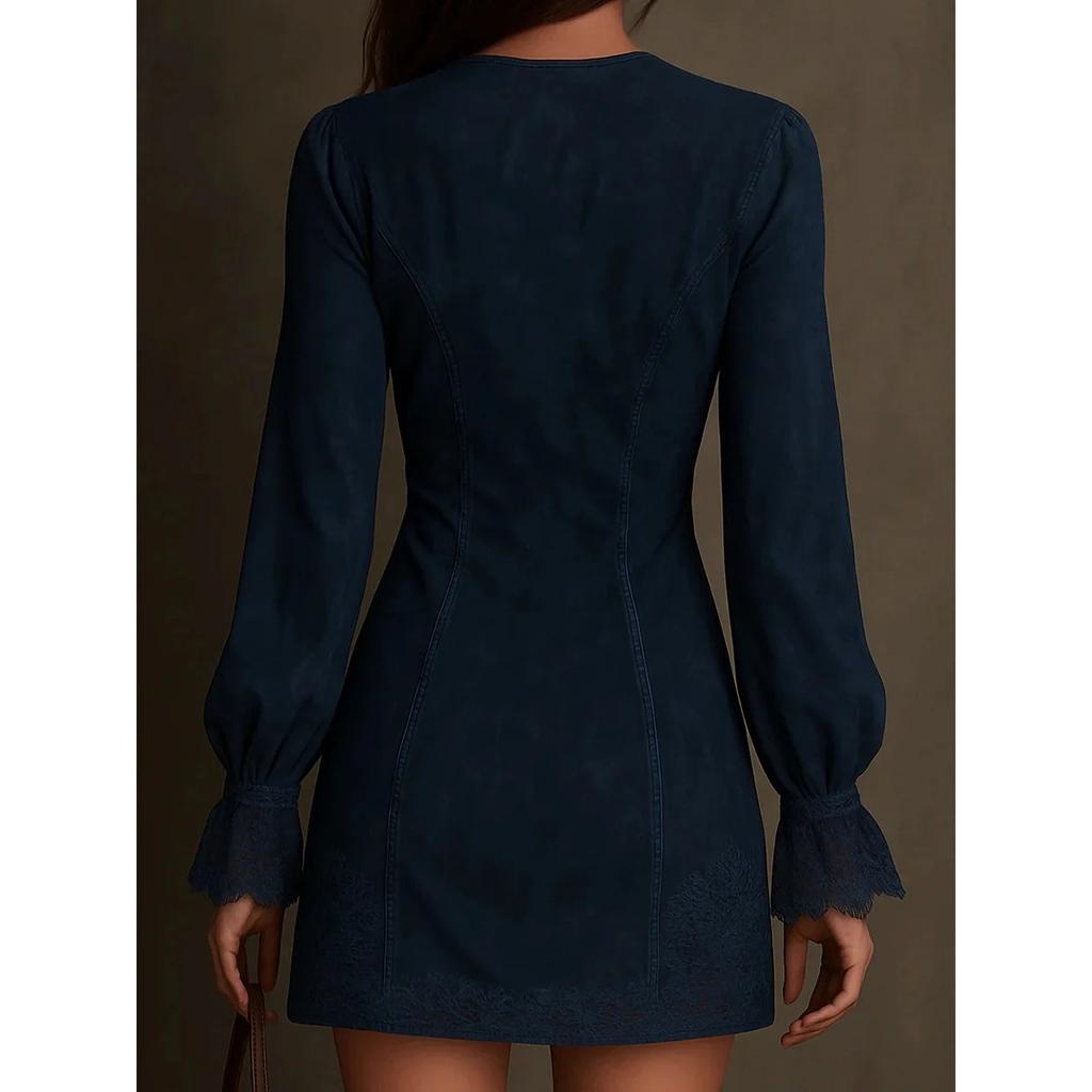 European American Women's Dress, V Neck Long Sleeve Loose Embroidered Dress, Zipper Lace Splicing Casual Dress