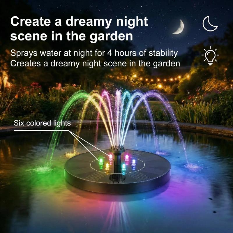 Pompa per Fontana d'Acqua Solare con 6 Ugelli e Luci LED Colorate, Decorazione da Giardino Esterna per Vasca per Uccelli, Decorazione per Stagno in Cortile
