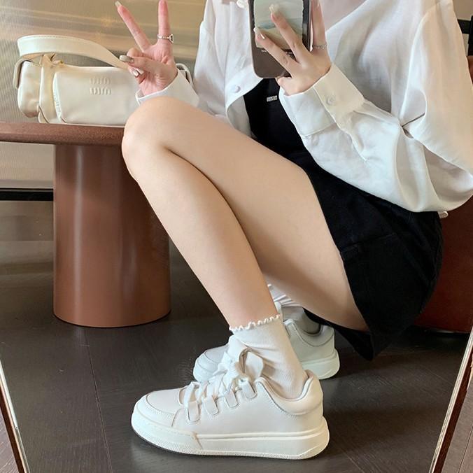 Cowhide Version~ Miu Style Versatile Leather Platform White Shoes Women's Spring Straps Casual White Shoes Heightening Single Shoes Board Shoes