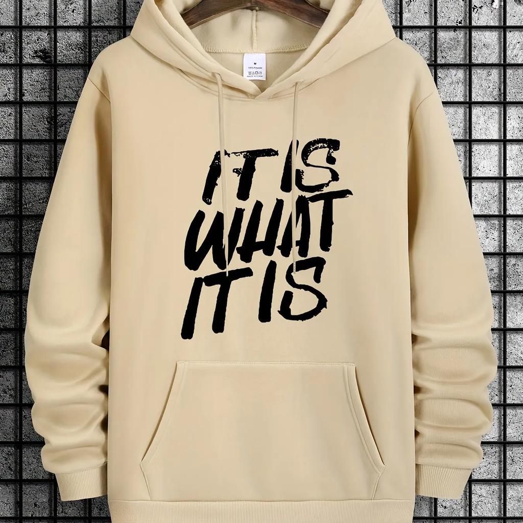 2025 Men's Casual Light Beige 2D Hooded Shirt, Featuring the Word "WHAT" On It. Made of Soft Polyester Fabric, with a Loose Fit