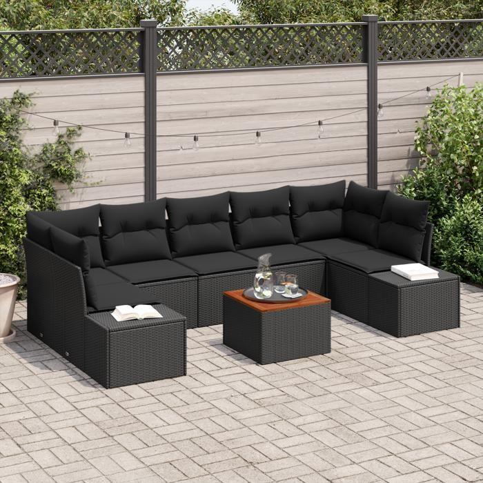 VidaXL Set de Canapé de Jardin 8 Pièces avec Coussins Noir Poly Rattan Acacia 3356595