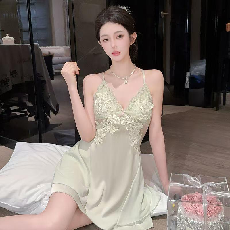 

Ice Silk Women s Sexy Nightgown & Camisole Robe Set – High-End, Beautiful Back, with Chest Pads, for Spring and Autumn Homewear Large