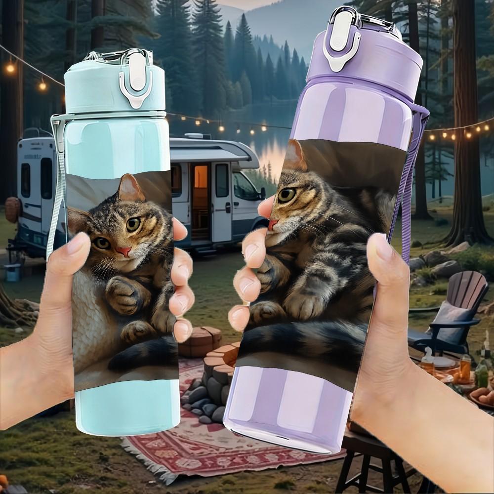 1PC Two Cats Rest On Pillow 750ml Color Plastic Sports Water Bottle Leakproof Flip Straw Lid Suitable for Sports Office Home Use