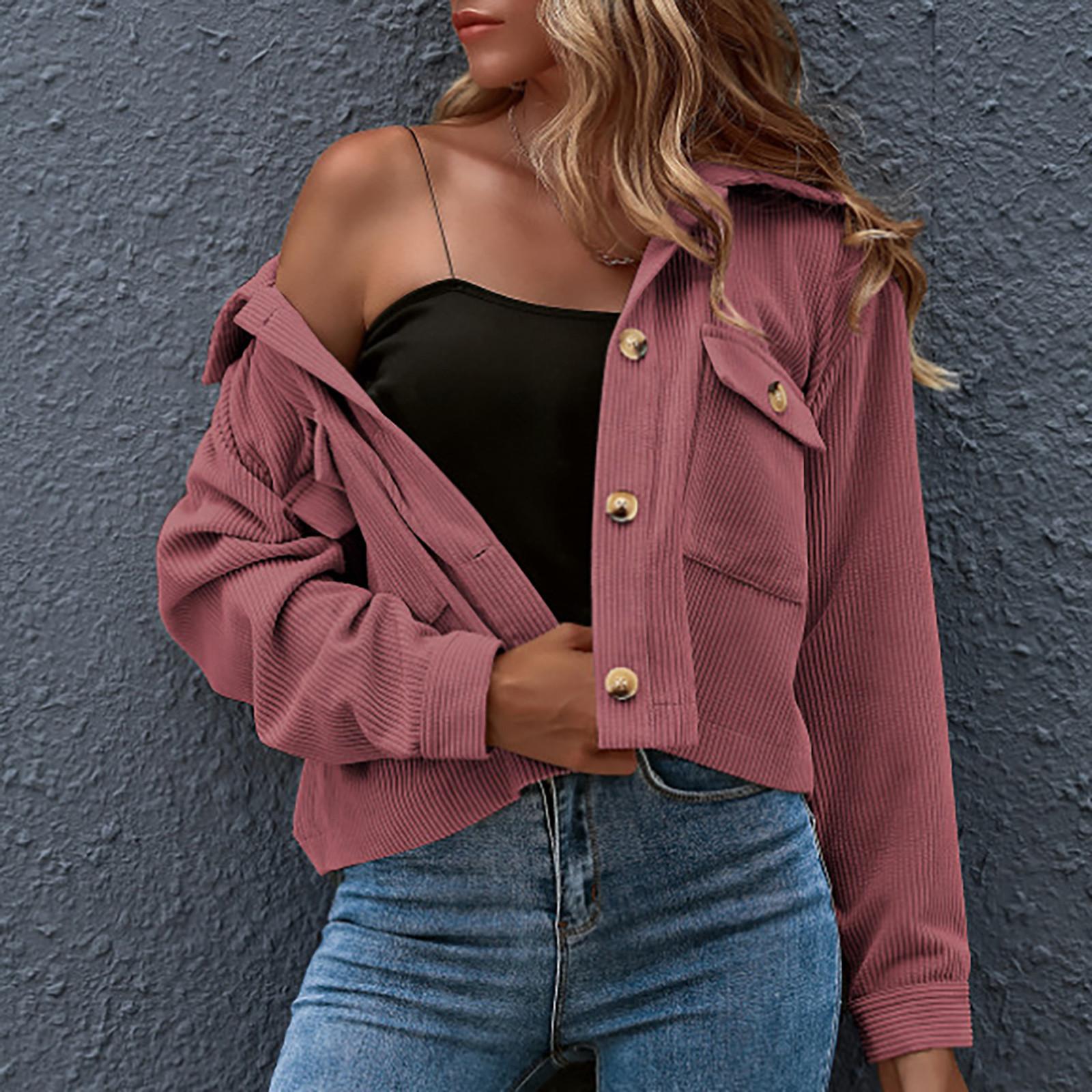 

Женская мода, повседневная вельветовая рубашка на пуговицах, однотонное пальто-рубашка с длинным рукавом S фиолетовый