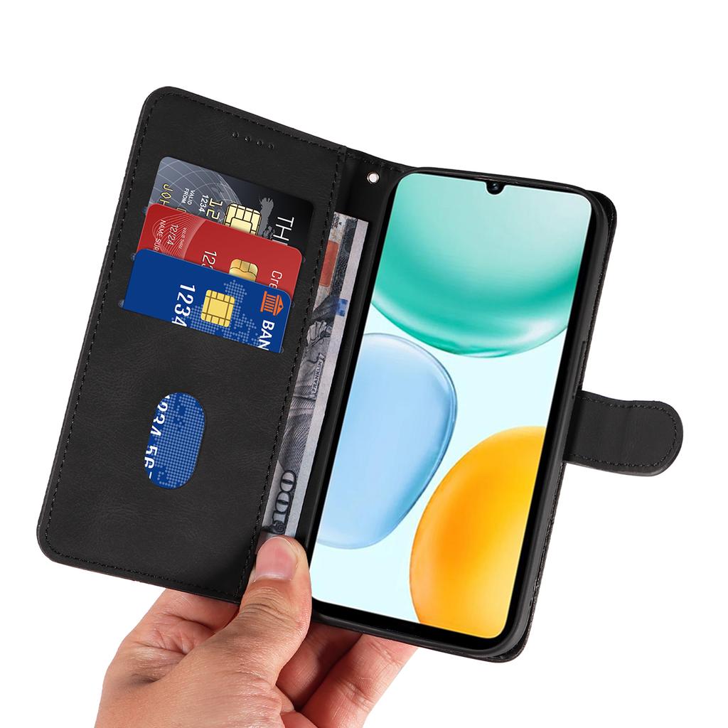 For Honor X5c Plus 4G Wallet Case Leather Phone Cover Stand with Curved Line Design -  Black