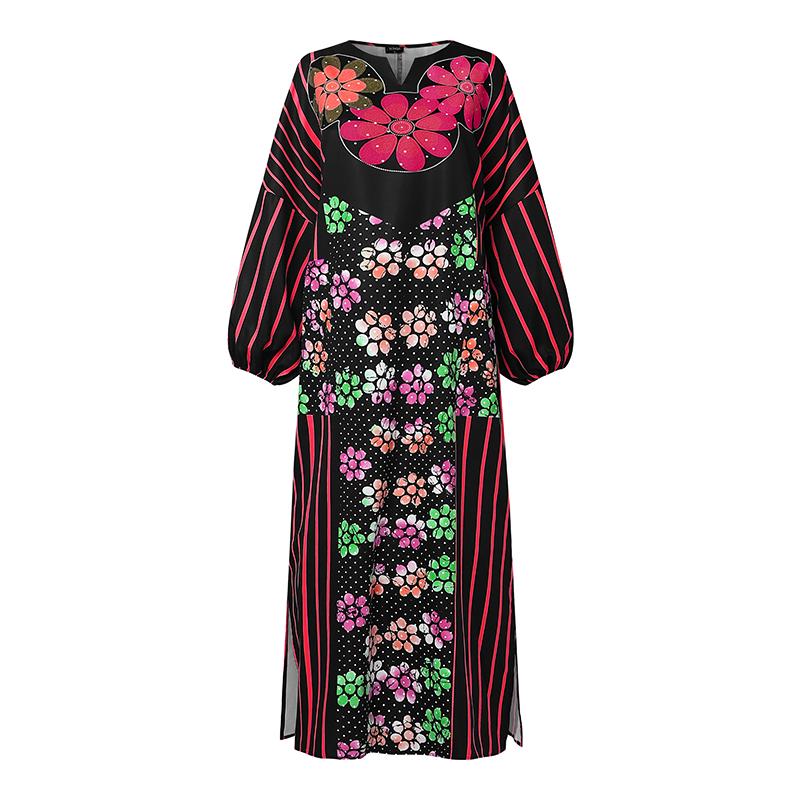 Oversized Women Casual Long Sleeve Floral Print Striped Loose Long Dress Kaftan Robes