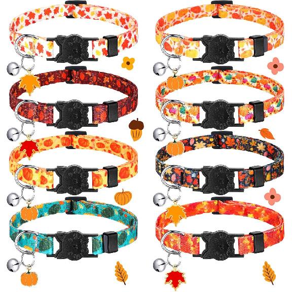 Sanwuta 8 Pcs Halloween Cat Collar Breakaway with Bell Cute Adjustable Kitten Halloween Collars with Pendant Pumpkin Ghost Breakaway Kitten Collar