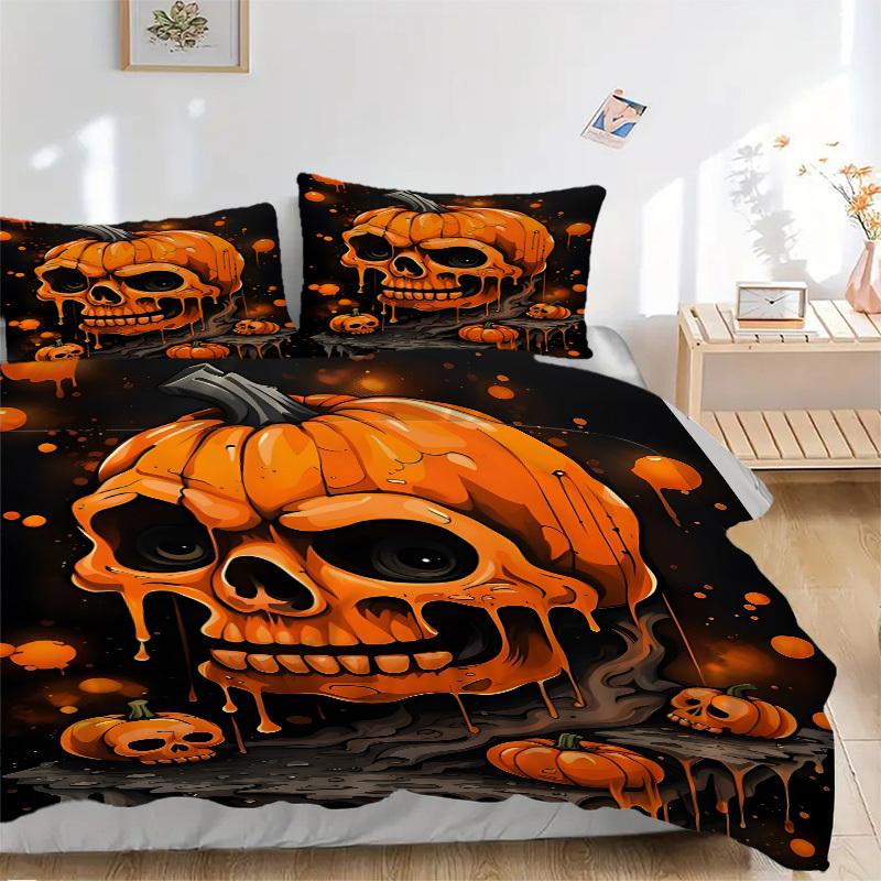 3pcs Halloween Pumpkin Skull Duvet Cover Set - Machine Washable, Includes 1 Cover and 2 Pillowcases, No Core Included yy251013120