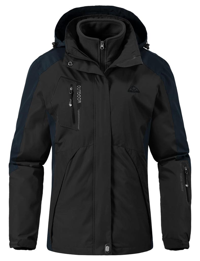 Gopune Women's Outdoor Jacket, Fleece-Lined 3-in-1 Mountain Parka, Windbreaker Hiking Coat, Detachable Liner, Spring Autumn Winter, Black L