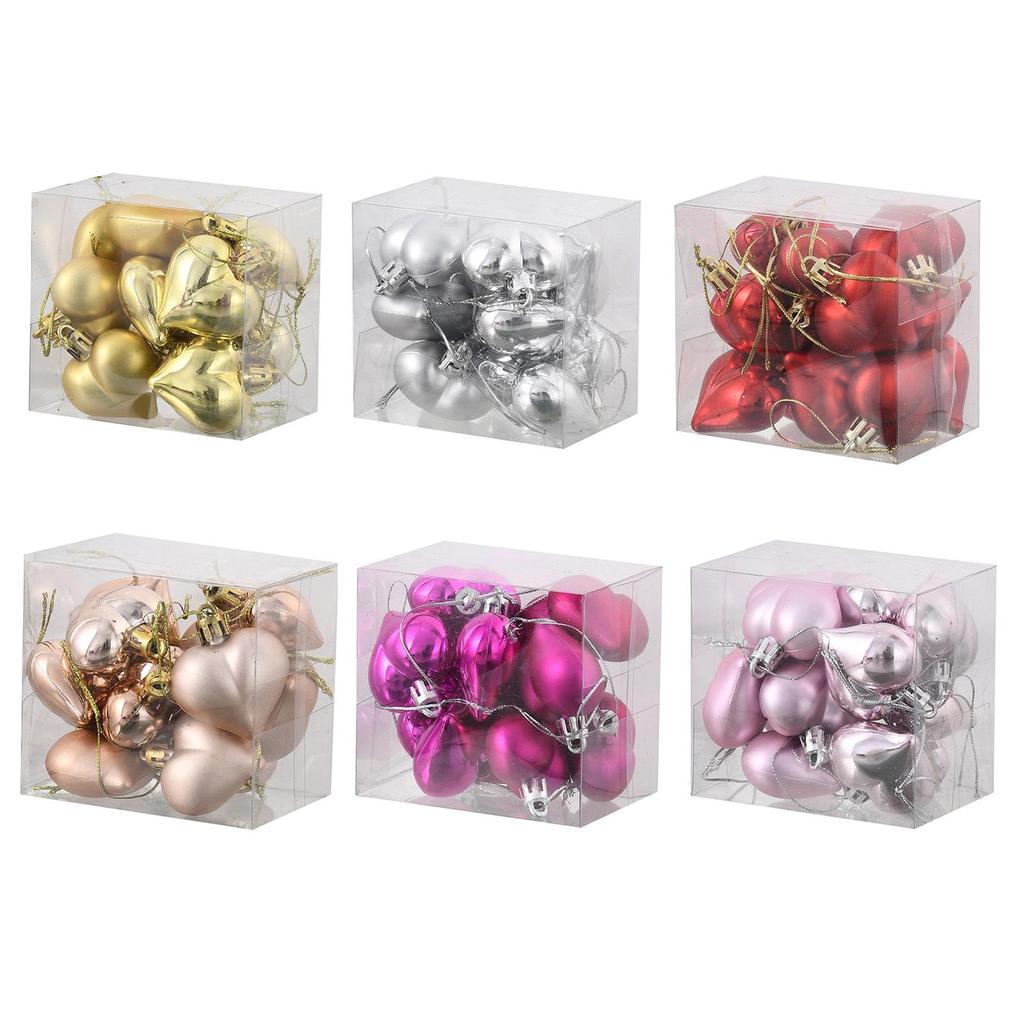 12Pcs Heart Christmas Tree Ornaments Decorative Hanging Baubles Charm Pendants for Wedding Party Birthday Indoor Celebration
