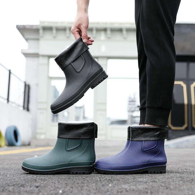 New Fashion Men's Rain Shoes Medium Tube Rain Boots Non-slip Water Shoes Short Tube Fleece Rubber Shoes Kitchen Car Wash Fishing Work Shoes