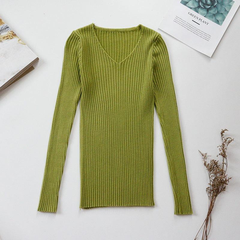 Women's Autumn Sweaters V-neck Slim Fit Pullover Long Sleeve Base Knitted Sweater Woman Winter Fashion Solid Bottoming Warm Knitwear Jumpers 24967