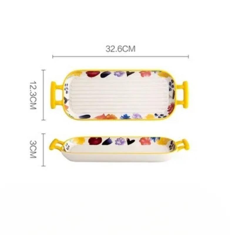 Ceramic Double-ear Baking Pan Cheese Baked Rice Plate Creative Dish Plate Home Oven Special Internet Celebrity Tableware Baking