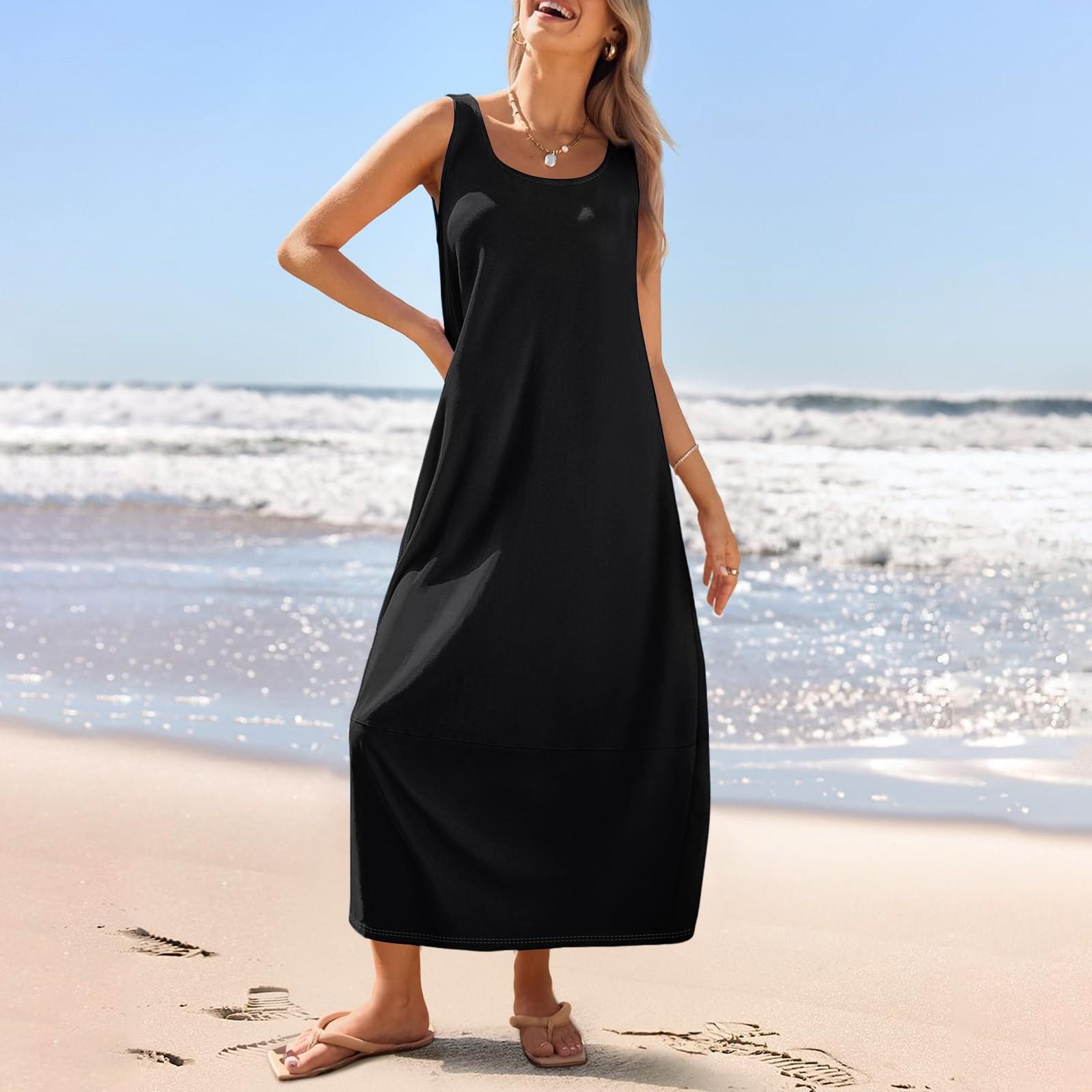 

Женский повседневный длинный сарафан, летнее пляжное платье, круглый вырез, без рукавов, свободный сарафан XXL чёрный