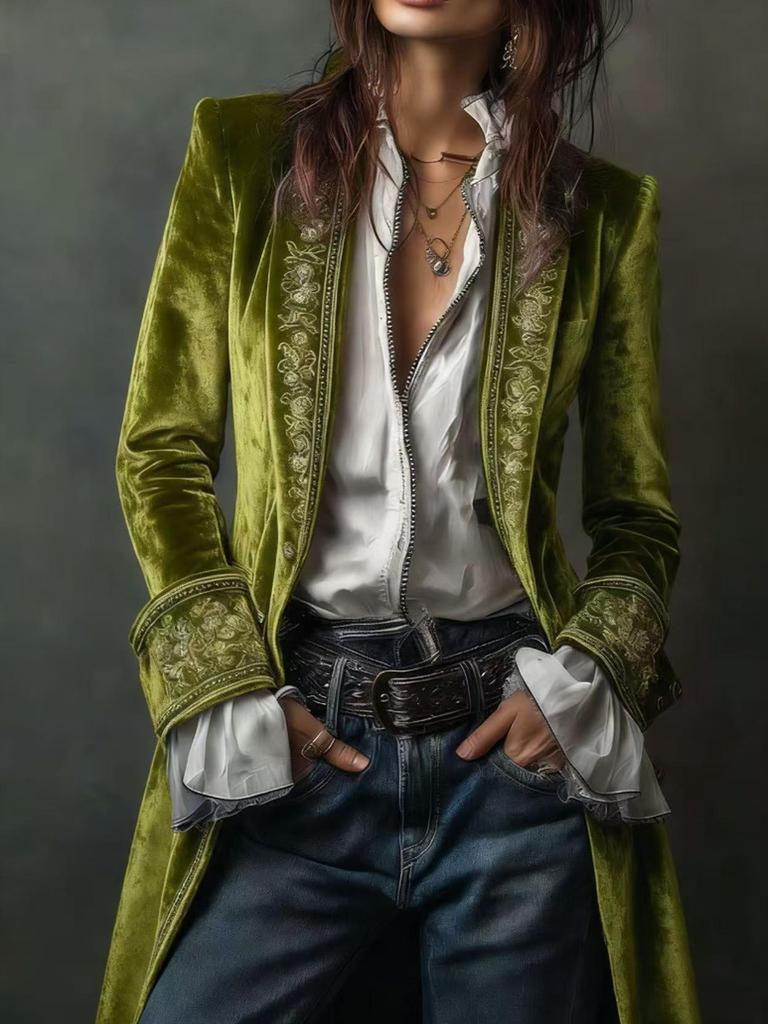 Women's Long Sleeve Solid Color Patchwork Lace Golden Velvet Coat