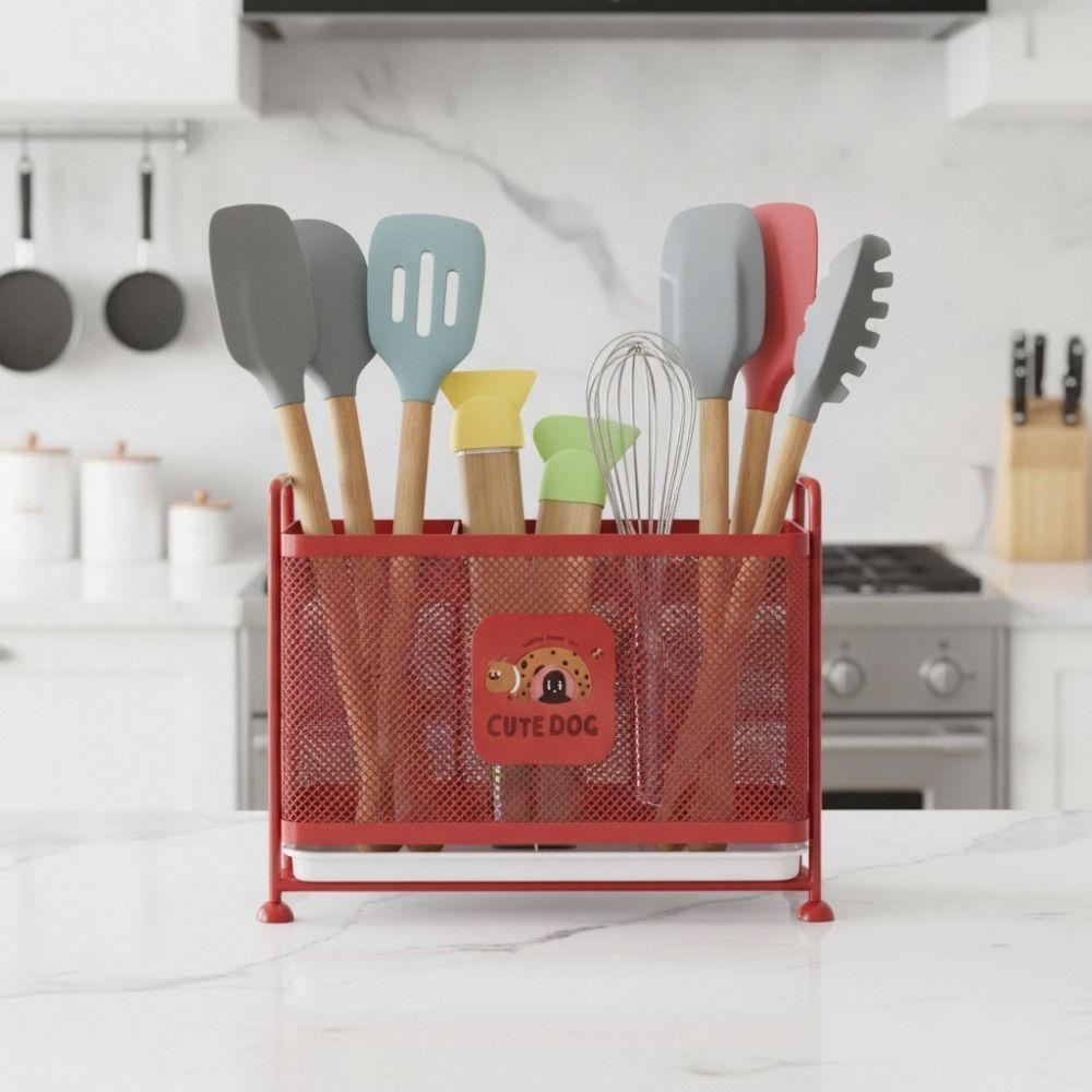 3 Grid Cutlery Drain Rack with Drip Tray Kitchen Utensil Storage Basket Spoon Fork