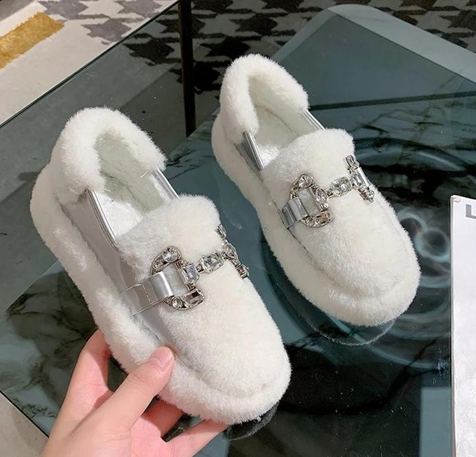 Fashion Luxury Sheep Fur Lined Loafers Women Lambswool Shoes Ladies Winter Slip On Furry Flats Cotton Wool Mocasine Femme Barefoot Boots