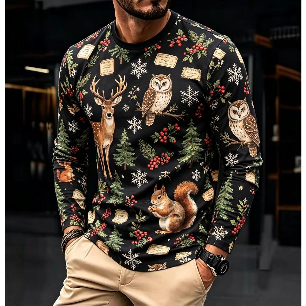 Autumn Men's Long Sleeve Top Fashion Comfortable Christmas Elk Theme 3D Print Printed Crew Neck Holiday Party Casual Versatile T-shirt